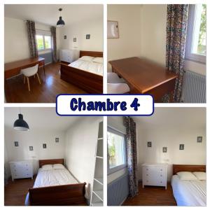 four pictures of a room with two beds and a desk at Comme à la maison in La Roche-sur-Yon