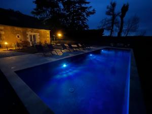 uma piscina à noite com luzes azuis em Sans Souci Bed and Breakfast Luxe Heated Pool and Restaurant em Luzillé