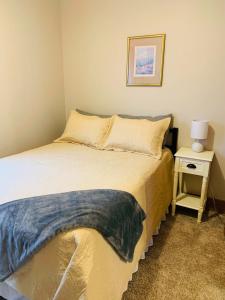 a bedroom with a bed and a side table at 2BR Erie Flat Near Gannon & Mercyhurst in Erie