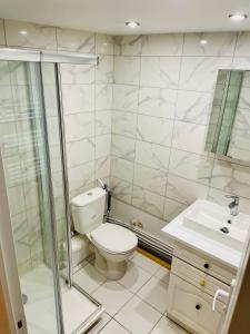 een badkamer met een toilet, een douche en een wastafel bij Rooms with garden in Luckyhouse Maison Chatou Paris La Défense in Chatou