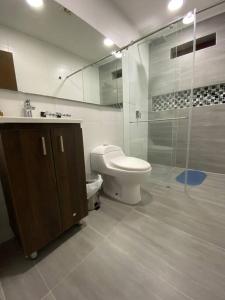 a bathroom with a toilet and a sink and a shower at Aldea Comercial Condominio Ruitoque Golf in Floridablanca