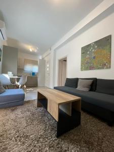 帕勒雍提費基翁的住宿－Adams Villa，客厅配有蓝色的沙发和茶几