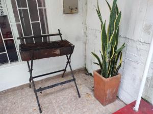 una silla sentada junto a una planta al lado de una puerta en Cabaña Condominio Hacaritama, en Melgar