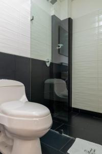 El PeñolにあるSuite Gold Hotel Omagaのバスルーム(トイレ、ガラス張りのシャワー付)