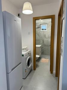 a kitchen with a washing machine and a washer at Apartament Central in Râmnicu Vâlcea