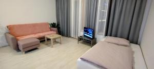 a small living room with a couch and a television at Apartments Modřanka in Prague