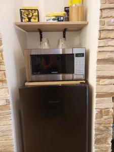 a microwave sitting on top of a refrigerator at Il Covo dei Sogni in Pratica di Mare +17 photos