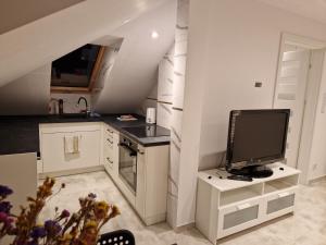een keuken met een computermonitor op een aanrecht bij Apartament KNIEJA LUX in Tuchola
