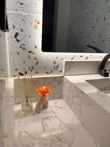 una flor sentada en un mostrador de baño bajo un espejo en Double Night en Riad