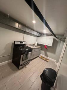 uma pequena cozinha com um fogão e um lavatório em The Legato Suite em Brooklyn