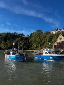 two blue boats are docked in the water at Efail Fach in New Quay