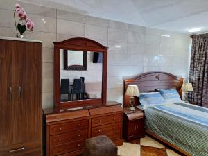 a bedroom with a bed with a dresser and a mirror at Bonita casa chica con amplio patio in Coatepec