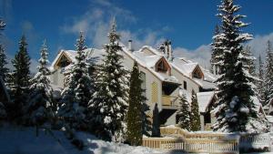 a house with snow covered trees in front of it at Gables 25 - Luxury Townhouse! Walk Everywhere in 5 mins - Whistler Platinum in Whistler