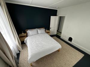 1 dormitorio con cama y pared azul en Charming & Newly Renovated 2BR in St Albans, en Saint Albans