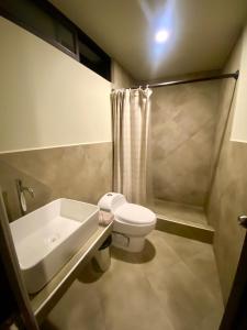 W łazience znajduje się umywalka, toaleta i prysznic. w obiekcie La Casa de Mario - Gocta w mieście Cocachimba