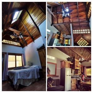 drie foto's van een keuken en een slaapkamer met een plafond bij PEDACITO DE CIELO in Santiago Atitlán