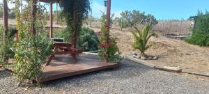 Casa Familiar Reserva Humedal في El Convento: سطح خشبي مع طاولة نزهة وبعض النباتات