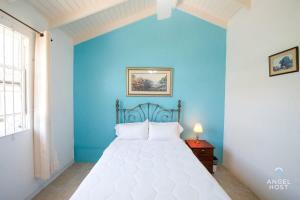 a blue bedroom with a bed with a blue wall at Beachy Cottage I Kitchen I Wi-Fi I Shaded Cabana I Parking in Saint Philip