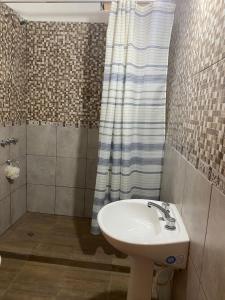 La salle de bains est pourvue d'un lavabo et d'une douche. dans l'établissement Casa en La Puntilla, à Belén