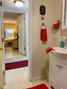 a bathroom with a sink and a toilet and a hallway at Funky Downtown Pad Pets OK Near Intercoastal in St. Augustine