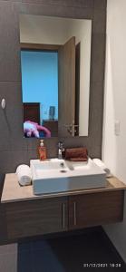 een badkamer met een witte wastafel en een spiegel bij Increible Casa Altozano in Querétaro