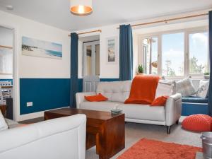 a living room with a white couch and blue walls at Sycamore Cottage in Broomhill
