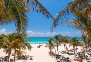 - une plage avec des palmiers et des personnes y séjournant dans l'établissement Luxury Coral Dream, à Playa del Carmen