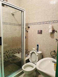 a bathroom with a shower and a toilet and a sink at Casa BB&Djassi in Ponta do Sol