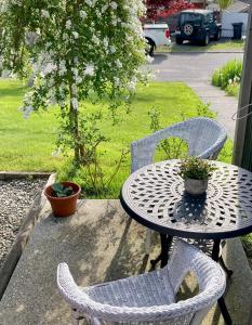 an outdoor table with two chairs and a table with a plant at Rent My Studio in Powell River