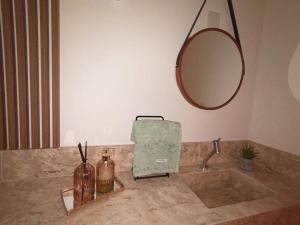 カネラにあるCentro de Canela ao lado Catedral de Pedrasの鏡とスーツケース付きの洗面台を備えたバスルーム +29枚の写真