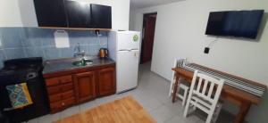 eine Küche mit einer Spüle und einem weißen Kühlschrank in der Unterkunft Departamento MAWER in El Calafate