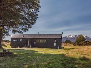 a small black cabin in a field with a tree at Sno Ruapehu - Horopito Holiday Home in Raetihi