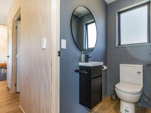 a bathroom with a toilet and a mirror at Sno Ruapehu - Horopito Holiday Home in Raetihi +23 photos