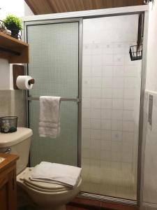 y baño con ducha de cristal y aseo. en Hostal Santa Clara B&B, en Apaneca