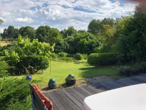 a view of a yard with a garden with trees at Ferienhaus im Birkenweg in Worpswede