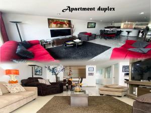2 imágenes de una sala de estar con muebles de color rojo en Ayli Apart Hotel, en Arequipa