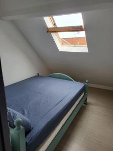 een slaapkamer met een blauw bed op een zolder bij 70 m² spacieux et lumineux in Calais