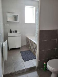 La salle de bains est pourvue d'une baignoire, de toilettes et d'un lavabo. dans l'établissement 70 m² spacieux et lumineux, à Calais