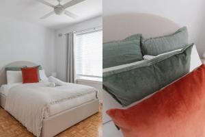twee afbeeldingen van een slaapkamer met een bed en een raam bij Stylish Sun Drenched North Bondi Beach Oasis in Sydney