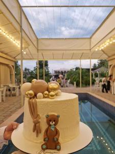 un gâteau avec un ours en peluche au dessus dans l'établissement Hotel Oasis Villa, à Tsqaltubo
