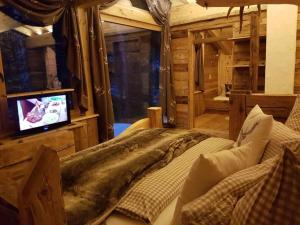 a bedroom with a bed and a tv in a cabin at Lush holiday home with sauna in Grän