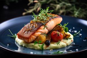 a plate of food with a piece of fish on top at Hotel Messner in Venice