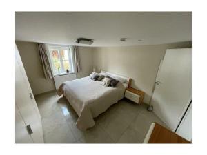 1 dormitorio con cama con almohadas y ventana en Rosenhof to the Weser 