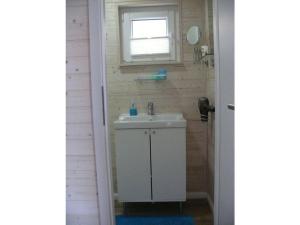 baño con lavabo blanco y ventana en Premium houseboat on the lake, en Burgstaaken