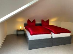1 dormitorio con 1 cama con almohadas rojas en Lovely holiday home with sauna, en Hooksiel
