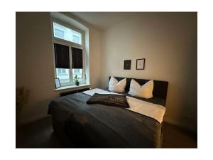 ein Schlafzimmer mit einem großen Bett mit Kissen und einem Fenster in der Unterkunft Family apartment at Pfaffenteich in Schwerin