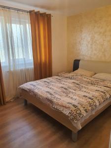 a bed sitting in a room with a window at Cetate Apartament in Alba Iulia