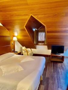 a hotel room with a bed and a flat screen tv at Hotel Riberies & Spa by RdA Hotels in Llavorsí
