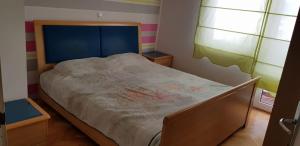 a bedroom with a bed with a blue head board at Dimoski Apartment in Prilep