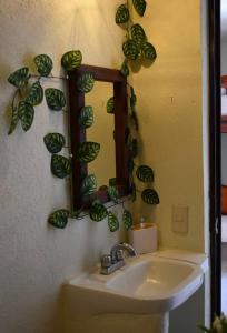 uma casa de banho com um lavatório e um espelho com folhas verdes em Los Alcatraces em Valle de Bravo